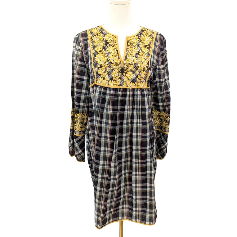 Sabby Anand Plaid Embroidered Tunic Dress M Cottagecore Boho Folk Cotton‎